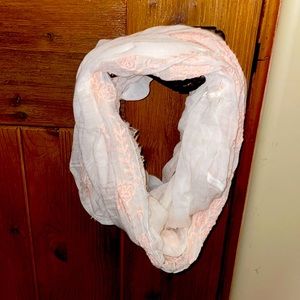 White infinity scarf with pink embroidery